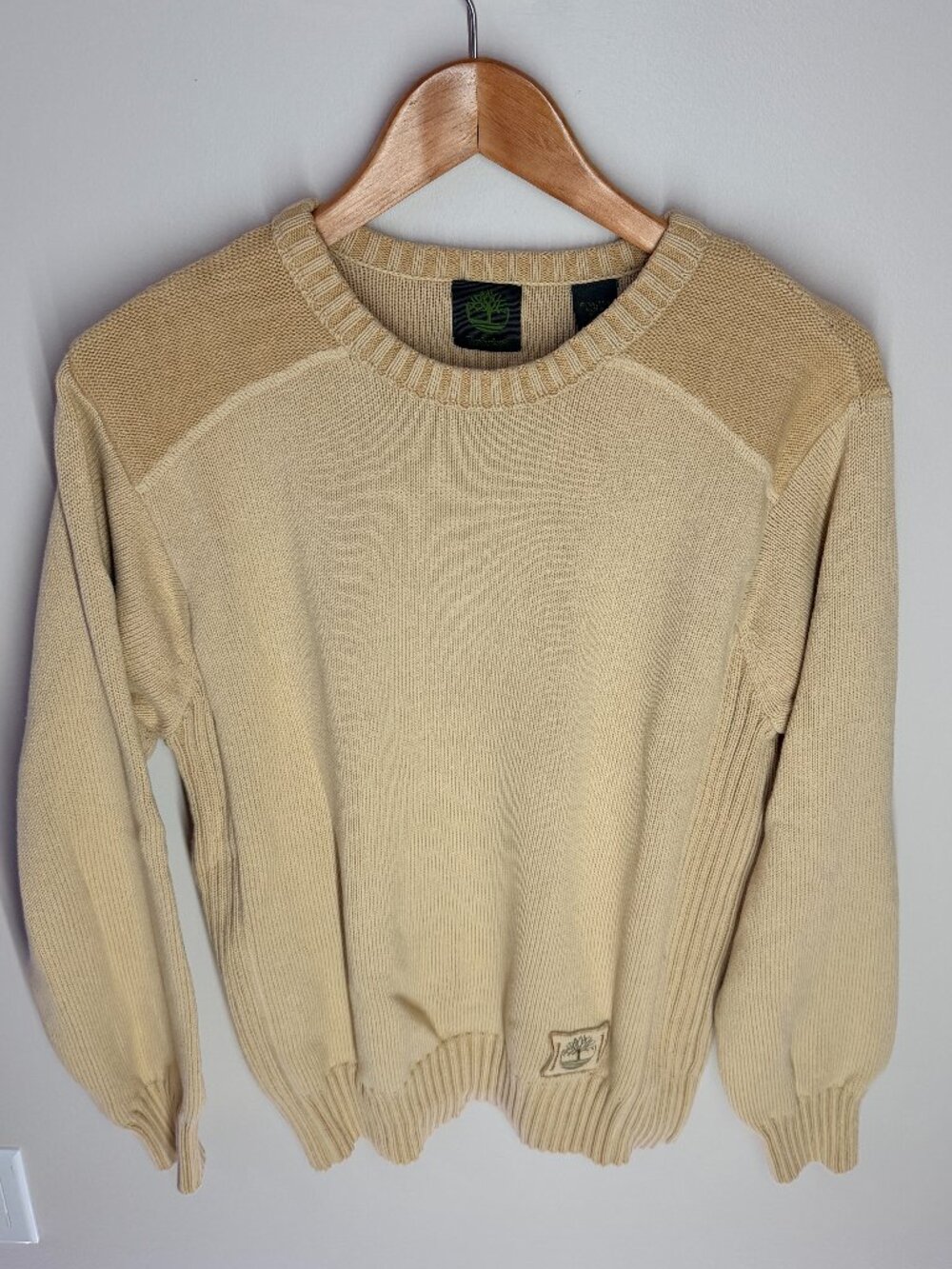 Vintage Timberland 100% Cotton Crewneck Sweater Khaki Shoulder Patch Mens M